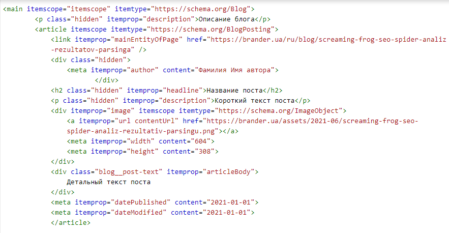 Пример разметки кода для статьи в блоге.