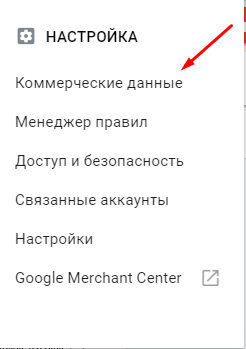 Розділ Комерційні дані в особистому кабінеті Google Ads.