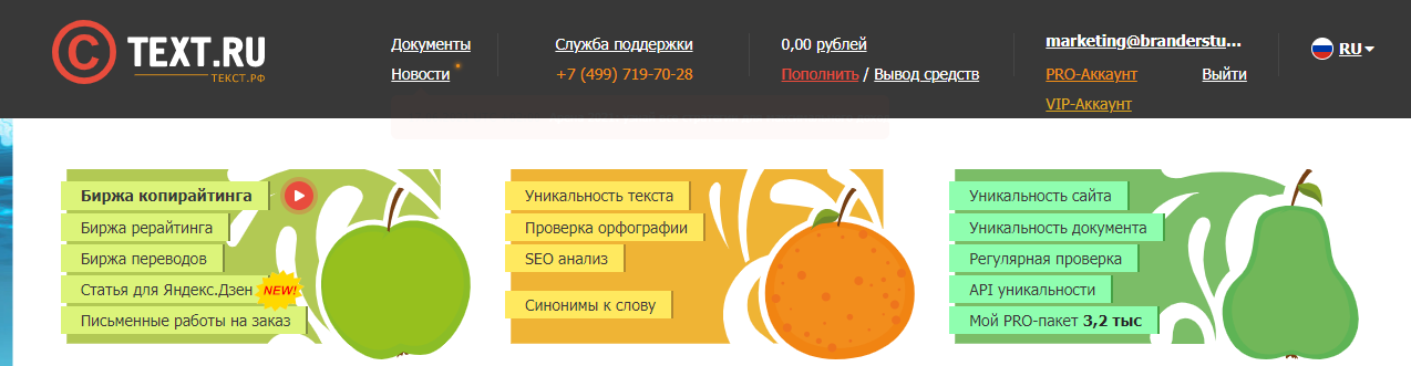 Сервис по проверке уникальности текста Text.ru.