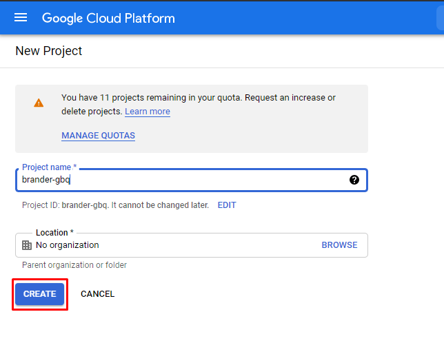 Вводим имя нового проекта в Google Cloud.