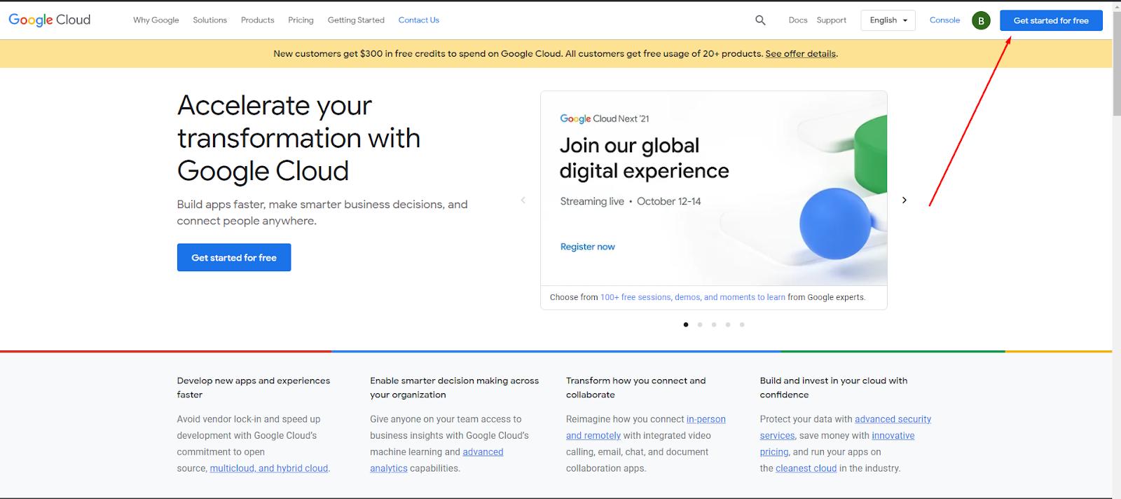 Начальная страница Google Cloud.