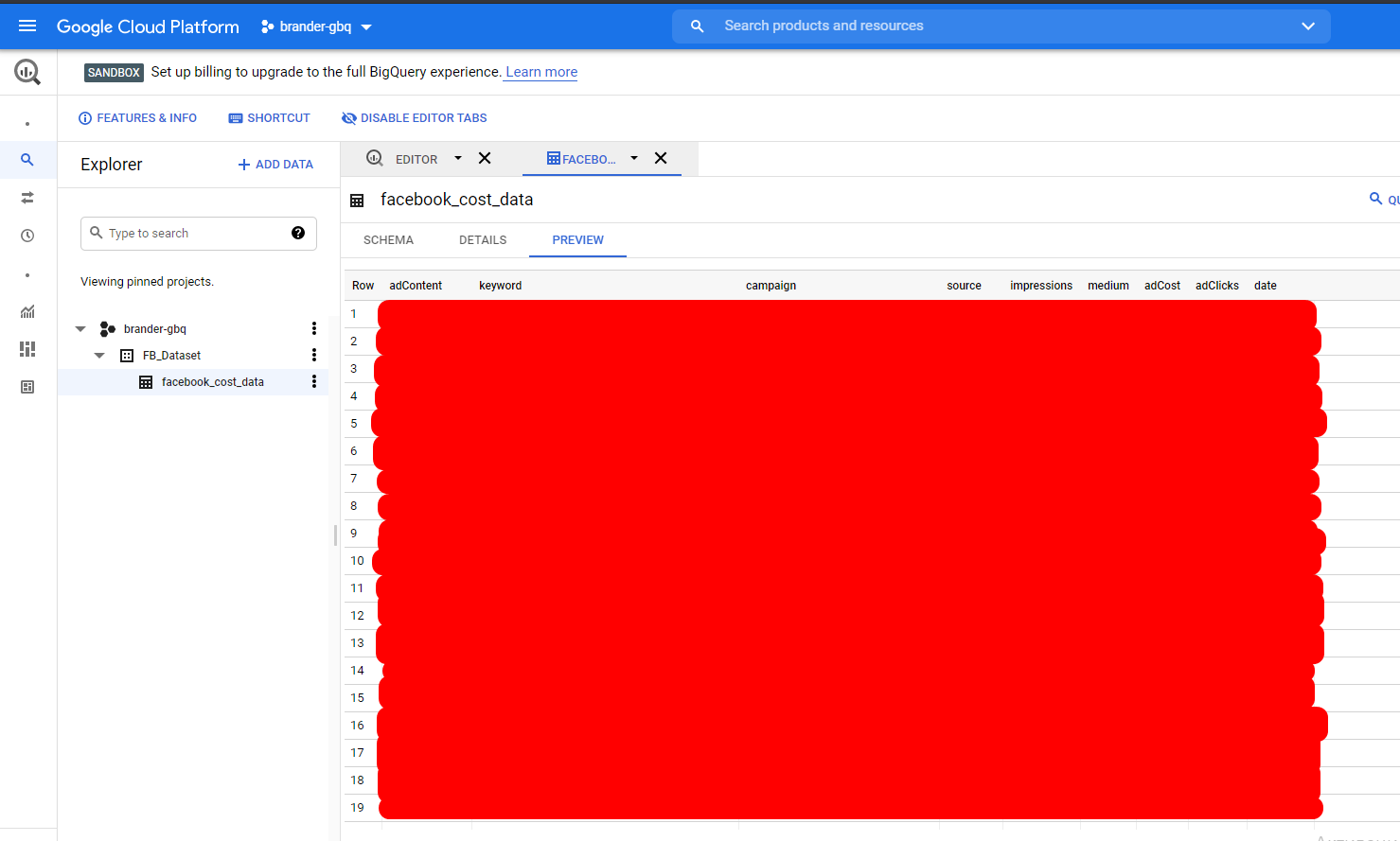 Вікно Google Cloud із створеною таблицею, що містить дані з Facebook.