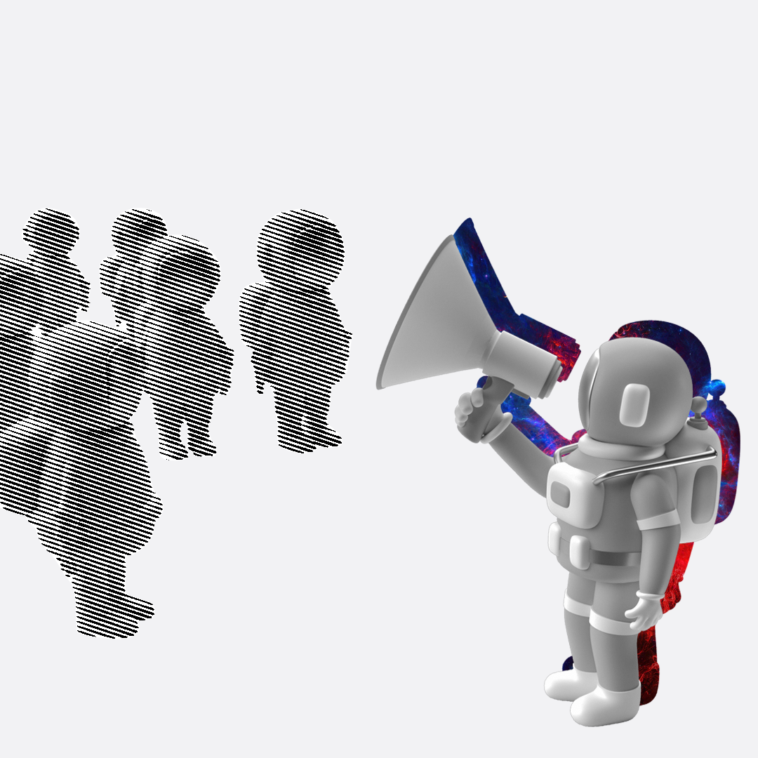 Космонавт вещает в рупор другим космонавтам, иллюстрация к гайду по аудиториям.