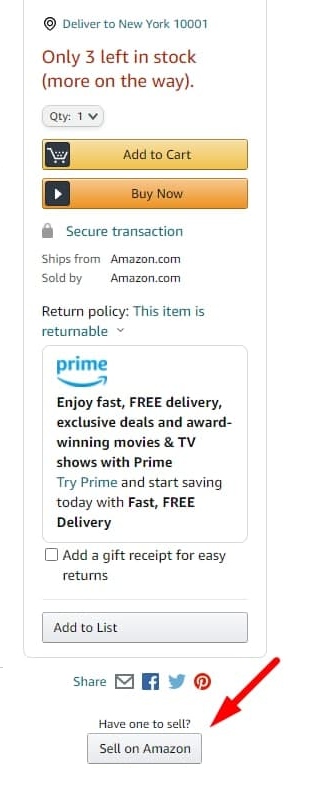 Кнопка Sell on Amazon за допомогою якої можна приєднатися до лістингу та продавати в BuyBox на одному лістингу з іншими продавцями.