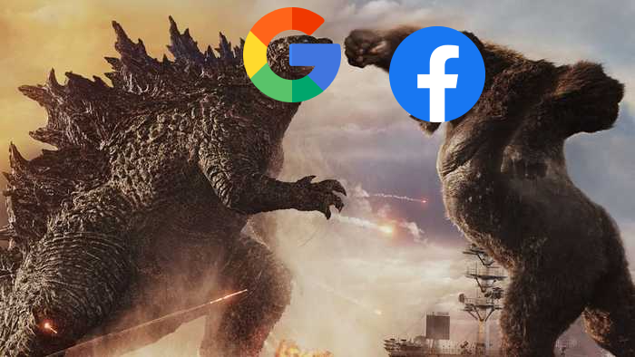 Годзилла против Кинг Конга иллюстрируют Google и Facebook.
