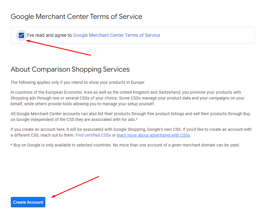 Кнопка создания аккаунта в Google Merchant Center.