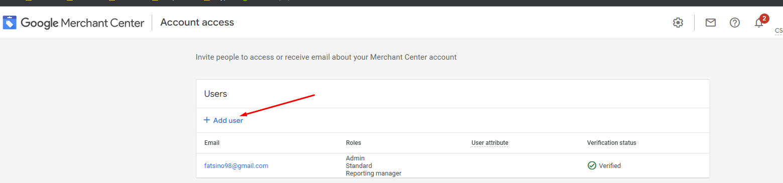 Додавання нового користувача до Merchant Center.